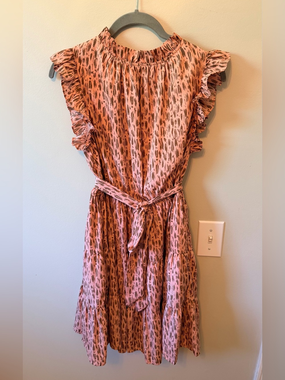 JODIFL Pink Printed Ruffle Midi Dress with Waist Tie